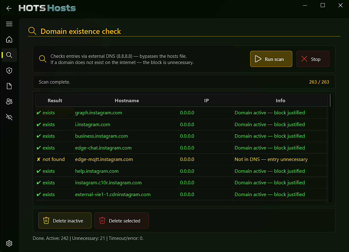 HOTS Hosts — Diagnostics, domain existence check