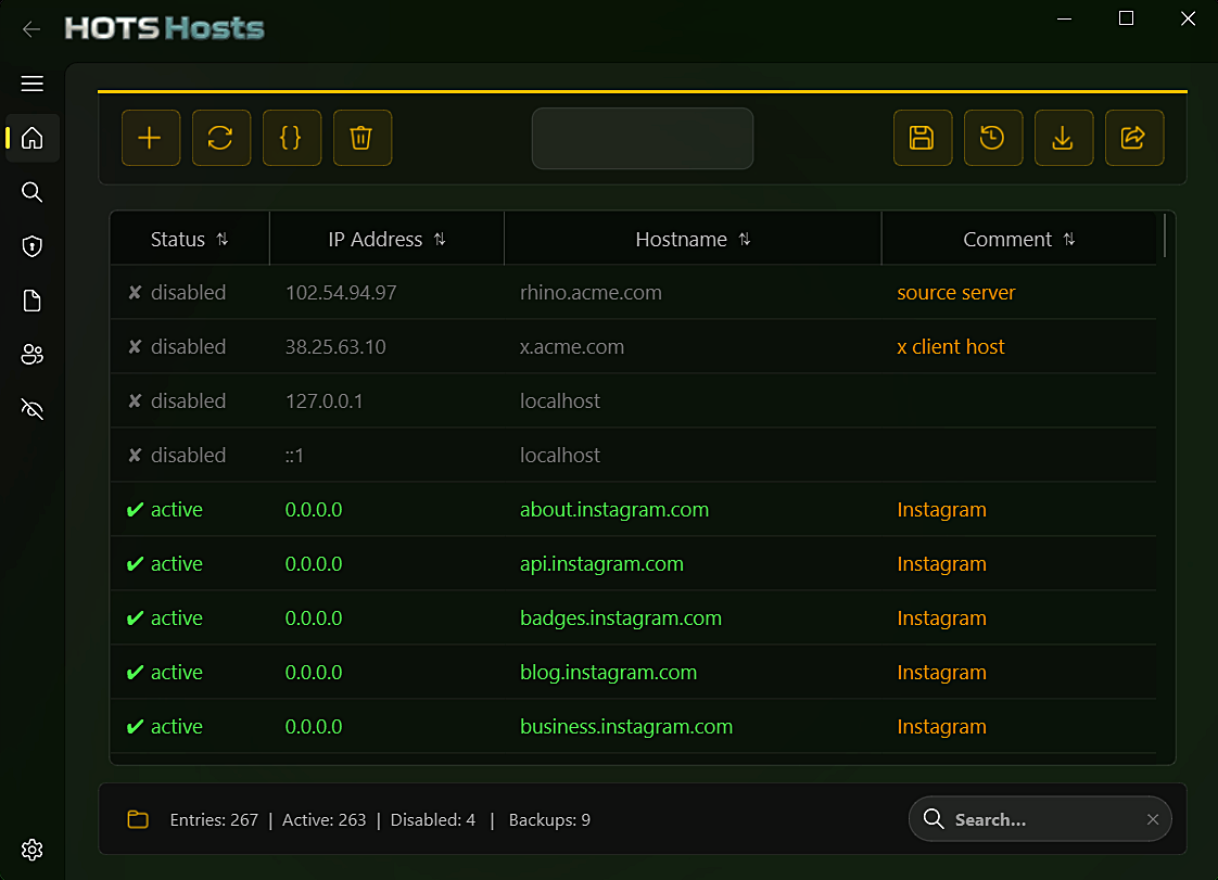 HOTS Hosts — main table view
